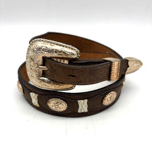 Vintage 90s 3-D 603 Brown Leather Floral Concho Rose Gold Belt 28 USA Made